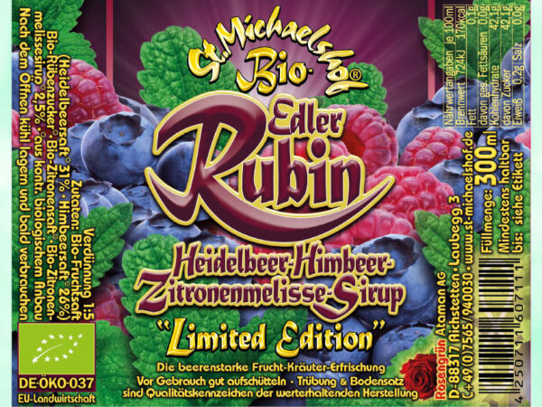 Bio Edler Rubin Heidelbeer-Himbeer-Zitronenmelisse-Sirup – Bild 4